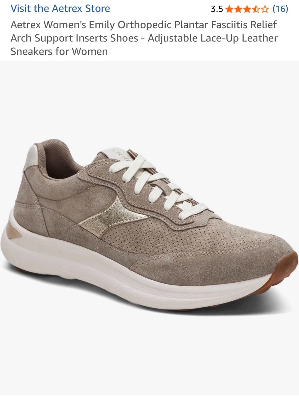 Aetrex Emily Suede Lace-Up Sneakers in Taupe with Metallic Accent
